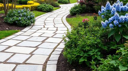 A stone pathway winding through a beautiful garden, – Generative AI