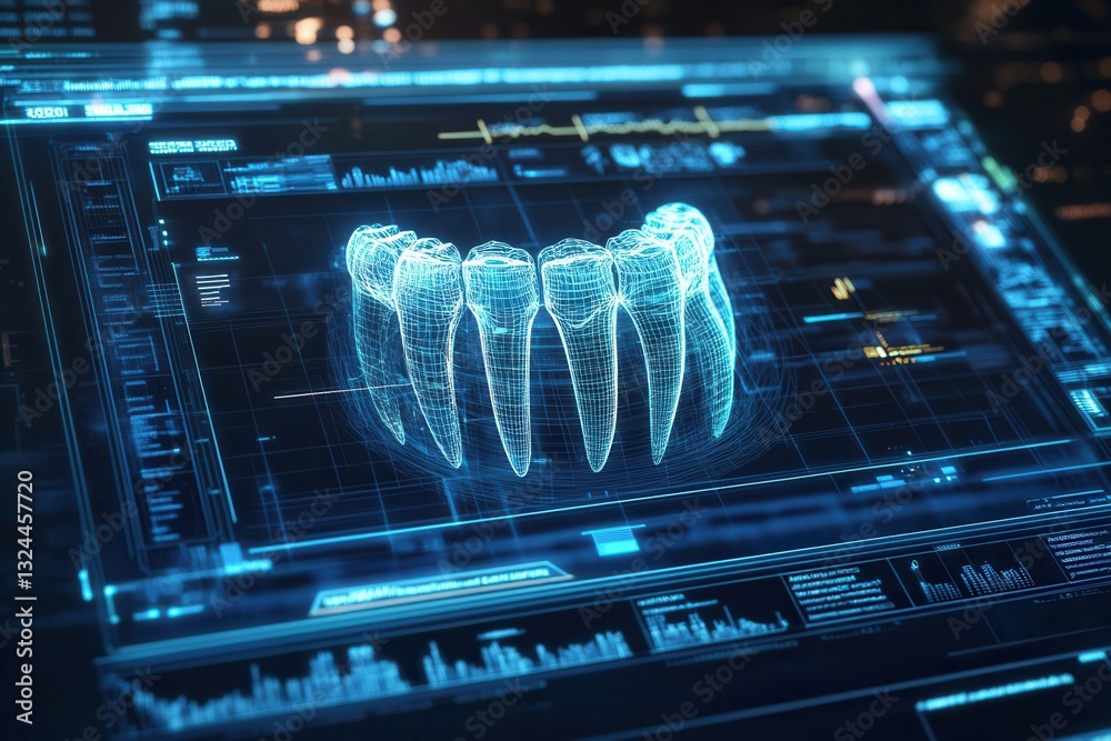 Aufkleber modern holographic interface showcasing a 3d rotating dental implant with scanning effects and digit