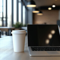 A laptop and coffee cup on a coworking office table