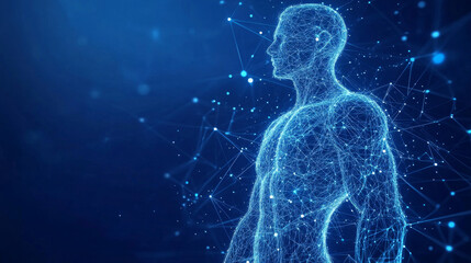 Abstract isolated human body on blue background. Polygonal top of body of adult man with polygons, particles, lines and connected dots. Medicine and healthy life digital concept. Low poly wireframe.