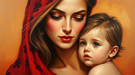 Obraz premium Portrait of a mother embracing her child with warm colors and emotional expression