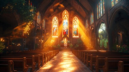 Gothic Cathedral Interior with Dramatic Sunlight Through Stained Glass Windows, Sacred Religious Architecture, Ancient Church Sanctuary, Golden Sunbeams Illuminating Stone Floor, Spiritual Atmosphere