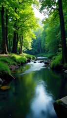 Obraz premium River flowing through a peaceful forest clearing, trees, peaceful