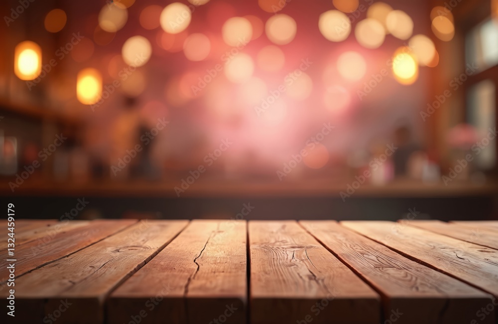 Poster Empty rustic wooden table with blurred pink bokeh lights background. Perfect counter for product display in coffee shop, local market or bar. Valentine, summer mood.