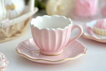 Elegant pink teacup with scalloped design and matching saucer against a soft background