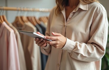 Obraz premium Woman holds tablet in trendy clothing shop. Female entrepreneur manages inventory, works in boutique, manages sales, storage. Stylish owner accepts order in store. Woman works as seller at retail