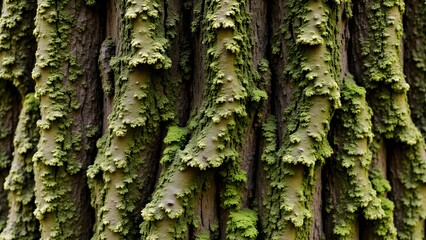 Obraz premium AI GENERATE, tree bark texture with moss-covered crevices. Selective focus, purpose for background. 