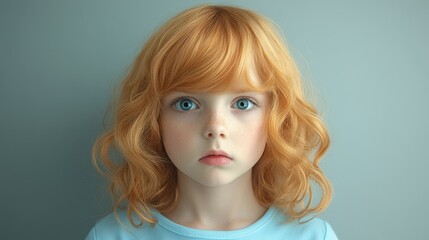 A young girl with red hair and blue eyes. She is wearing a blue shirt. She has a red headband