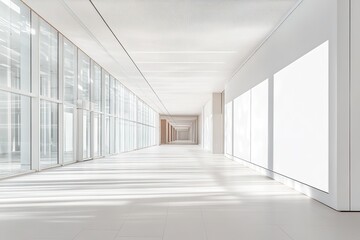 Modern Minimalist White Corridor Interior Design Sunlight Through Glass Walls