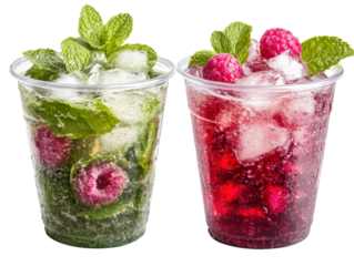 Refreshing two glasses of ras mojito cocktail with mint leaves and lime slices on a bright summer day isolated on a white background.