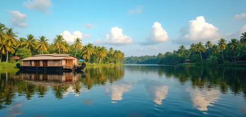 Fototapeta premium Serene Kerala backwaters with houseboat, palm trees reflected in calm water. Scenic lake view evokes tranquility. Indian travel destination, boat on still stream, waterfront with rich green plants