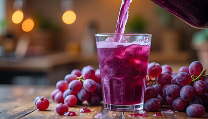 red grapes and glass of grape juice on wooden garden table, refreshing organic antioxidant beverage