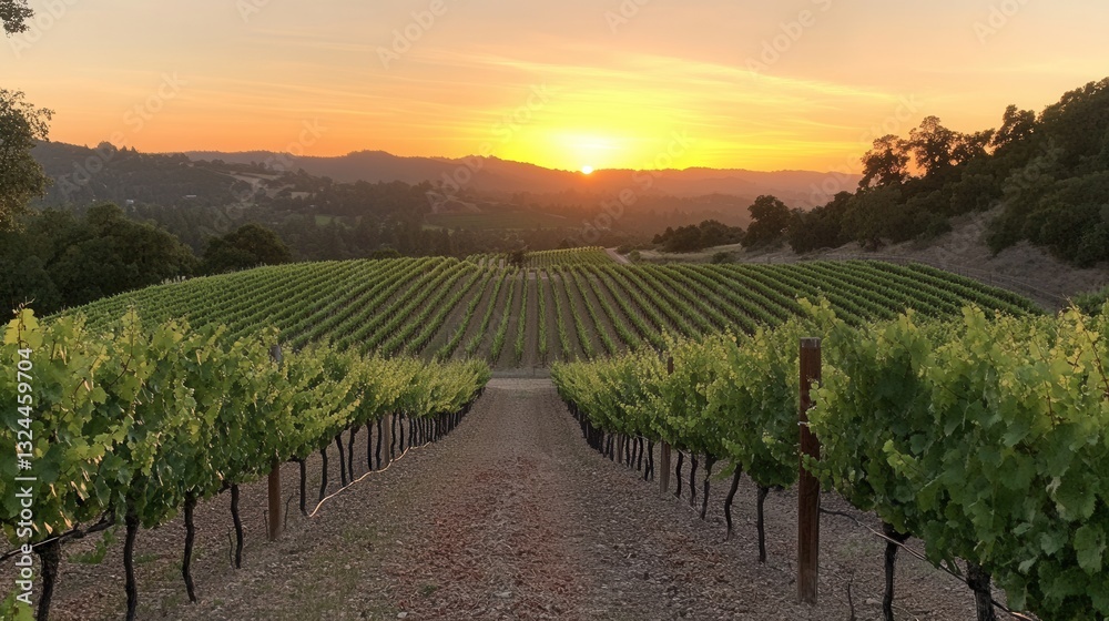 Poster sunset over lush vineyard rows with warm orange sky creating a serene landscape in the countryside