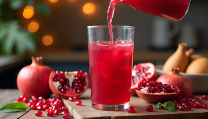 pouring of the pomegranate juice in a glass 