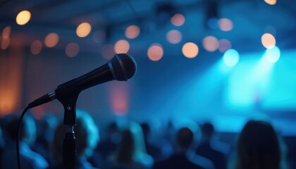 Obraz premium Sharpened microphone with blurred audience and blue-lit stage background for public speaking concept. Live events, conferences, speech, seminar, presentation in hall. Pro sound equipment.