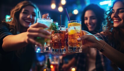 Young Friends Enjoying Cocktails At Nightclub, Partying In Pub, And Toasting Drinks - A Lively Night Out With Best Buddies.