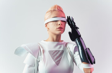 Representation of a bionic super human with advanced technology parts as vr visors and gadgets...