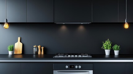 A minimalist industrial kitchen with matte black cabinets, stainless steel countertops, and warm Edison bulb lighting