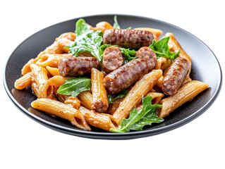 Plate of pasta with savory sausage and rich tomato sauce garnished with fresh herbs on a rustic table setting isolated on a white background.