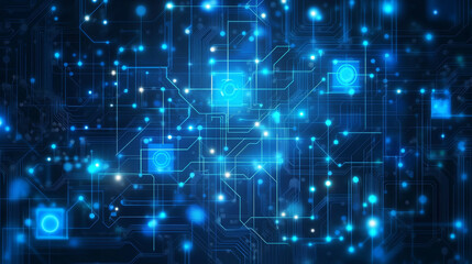 Abstract digital circuit board on technology blue background. Circuit connected lines and dots on abstract motherboard. Navy gradient tech bg. AI innovation concept.  Futuristic vector illustration.