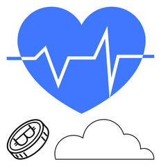 Blue heart with heartbeat line paired with cloud and Bitcoin coin. Ideal for fintech, health tech, cryptocurrency, cloud computing, data visualization, innovation, flat simple metaphor