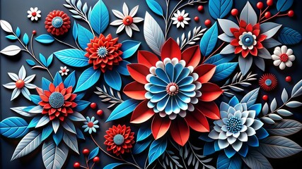 Layered floral design with red, blue, and white paper flowers and leaves on a dark background with small berries. Image suits artistic decor and wedding invitations.