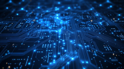 Abstract digital circuit board on technology blue background. Circuit connected lines and dots on abstract motherboard. Navy gradient tech bg. AI innovation concept.  Futuristic vector illustration.