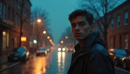 Fototapeta premium Portrait of young man standing on street in rainy night. Handsome brunette guy in jacket looks confident. Urban nightscape cars lights buildings bokeh. Youth culture, lifestyle. Moody atmospheric