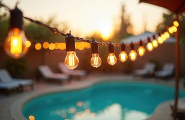 Poolside evening ambiance with string lights. Bulbs glow warmly over turquoise water. Loungers invite relaxation, party atmosphere. Perfect for summer gatherings, festive outdoor decor, backyard