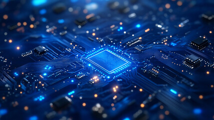 Abstract technology background. AI circuit board with electronics elements in electric blue on tech bg. Artificial Intelligence chip or semiconductor with connected line. Digital vector illustration.