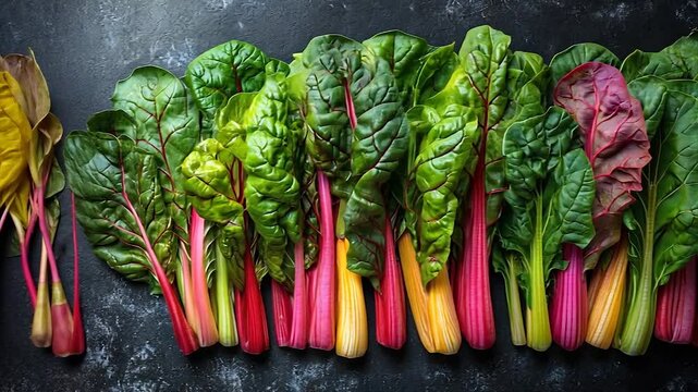 Freshly harvested rainbow chard arranged on a dark surface