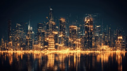 Fototapeta premium Golden Glow: A Nighttime Skyline Reflecting Digital City Infrastructure
