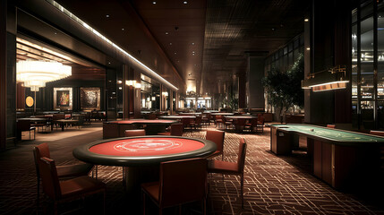 Elegant casino interior with red gaming tables chairs and decorative lighting during night