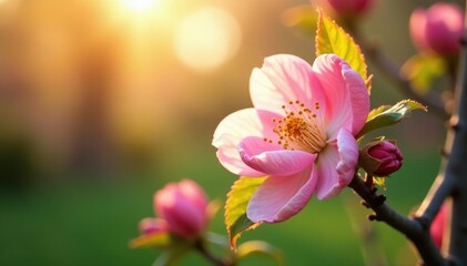 Obraz premium Soft peach blossoms unfurl gently in morning light, tree, garden