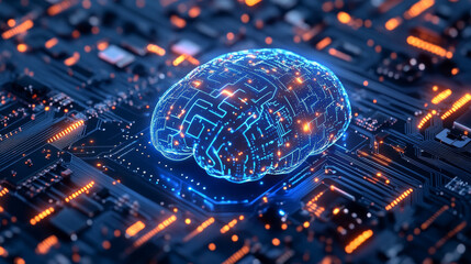Abstract digital brain with AI chip and circuit in blue. Technology innovation background. Futuristic tech bg. AI microchip or semiconductor with neon glowing effect. Vector illustration of processor.