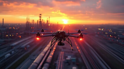 At sunset, a drone inspects a pipeline, ensuring oil and gas industry safety and efficiency through technology-based monitoring and maintenance.