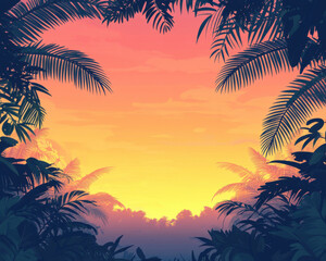 Fototapeta premium Tropical sunset with vibrant gradient and lush foliage,Illustration Summer Blank Background For Copy Space For Text