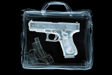 X-ray image of handgun and accessories inside briefcase on black background