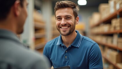 Smiling consultant in admiral blue polo shirt serves customer in store. Man smiles, holds tablet, looks at client. Boxes and shelves on background. Business communication between seller and buyer.