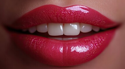 Obraz premium Beautiful full lips with pink lipstick and gloss show perfect teeth, symbolizing beauty and dental care.