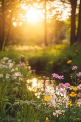 Obraz premium Beautiful colorful wild flowers in deep foggy forest with sun light in Spring.
