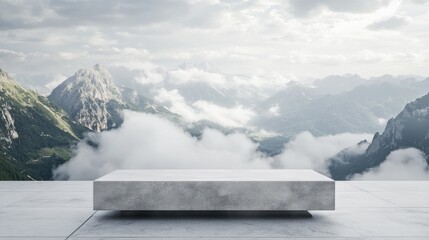 Stone podium outdoors surrounded by misty mountains and soft clouds, creating an idyllic nature backdrop for beauty product display