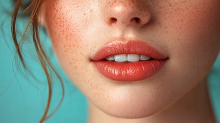Beauty and health are promoted in a close up of female lower face highlighting plump full lips and perfect teeth suggesting cosmetic or dental work against turquoise background.