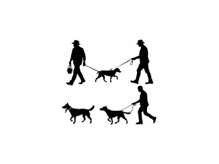 A collection of silhouettes of people walking dogs on leashes, black and white silhouettes of people walking dogs.