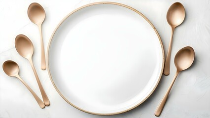 A round white plate surrounded by five gold-colored spoons on a light background. Concept Elegant Dinnerware, Gold Accents, Minimalist Design, Stylish Table Setting, Modern Aesthetics