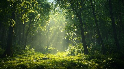 Fototapeta premium A forest with sunlight shining through the trees. The sunlight is casting a warm glow on the grass and leaves. The scene is peaceful and serene, with the trees providing a sense of calm