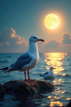 Un par de gaviotas se posan juntas en la orilla del mar con la luna a su lado, ornitologia, tranquilidad
