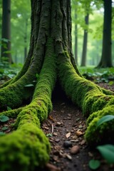 Obraz premium Unseen roots of ancient tree peeking through moss, forest scenery, overgrown