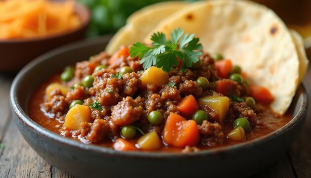 Close-up of Mexican picadillo served with warm tortillas. Ground beef dish with potatoes, carrots, peas, garnished with parsley. Traditional cuisine, comfort food with fresh ingredients.