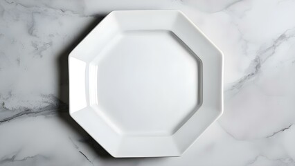 A plain white octagonal plate on a marble surface. Concept Ceramic Tableware, Minimalist Design, Octagonal Shape, Elegant Presentation, Marble Texture
